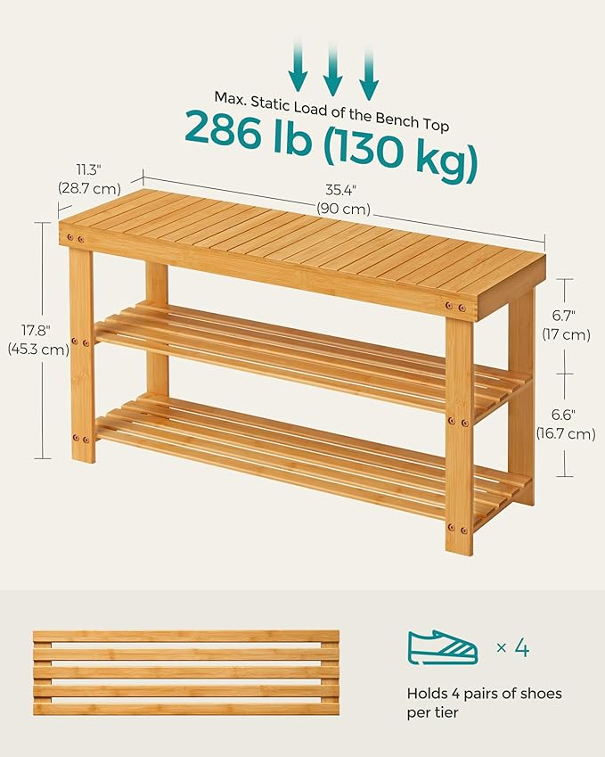 SONGMICS Shoe Rack Bench, 3-Tier Bamboo Shoe Storage Organizer, Entryway Bench, Holds Up to 286 lb, 11.3 x 35.4 x 17.8 Inches, for Entryway Bathroom Bedroom, Natural ULBS90N