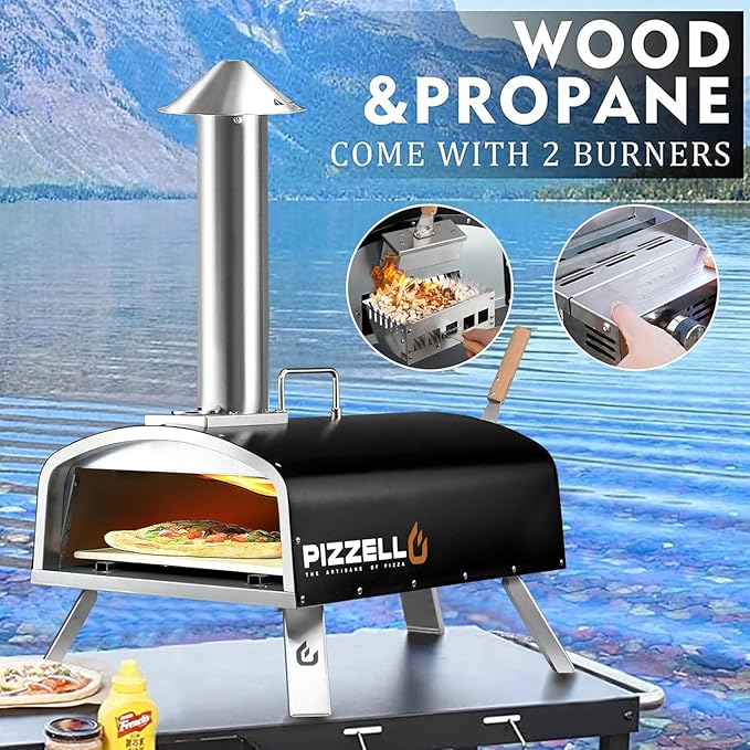 16" Outdoor Pizza Oven Propane & Wood Fired Multi-fuel Large Stainless Steel Pizza Grill with Gas Burner, Wood Tray Pizza Stone, Pizza Peel, Carry Bag (Black)