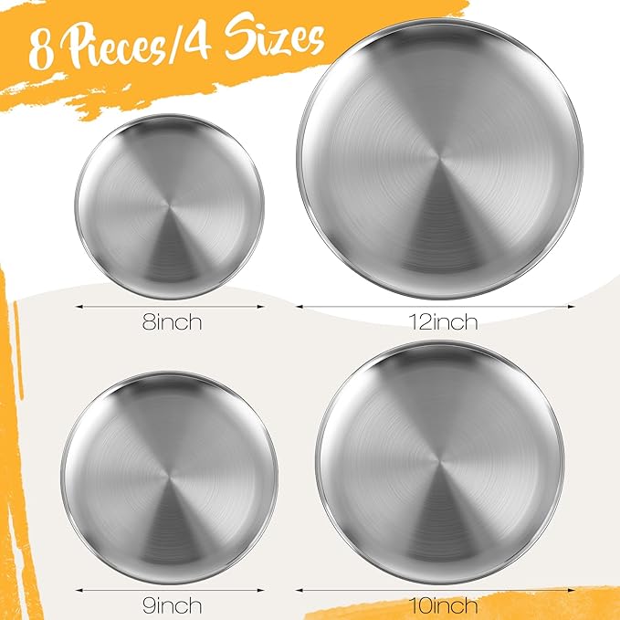 Thenshop 8 Pieces Pizza Pans Bulk Stainless Steel Sets Round Bakeware Pizza Trays for Oven Kitchen Baking Home Restaurant Safe Sturdy Reusable Easy Clean(8 Inch 9 Inch 10 Inch 12 Inch,Silver)
