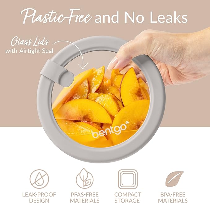 Bentgo Signature Leak-Proof Glass Food Storage - 12-Piece Set, 1-Compartment Plastic-Free Containers with Airtight Glass Lids, BPA-Free, Microwave, Freezer, Oven & Dishwasher Safe (White Stone)