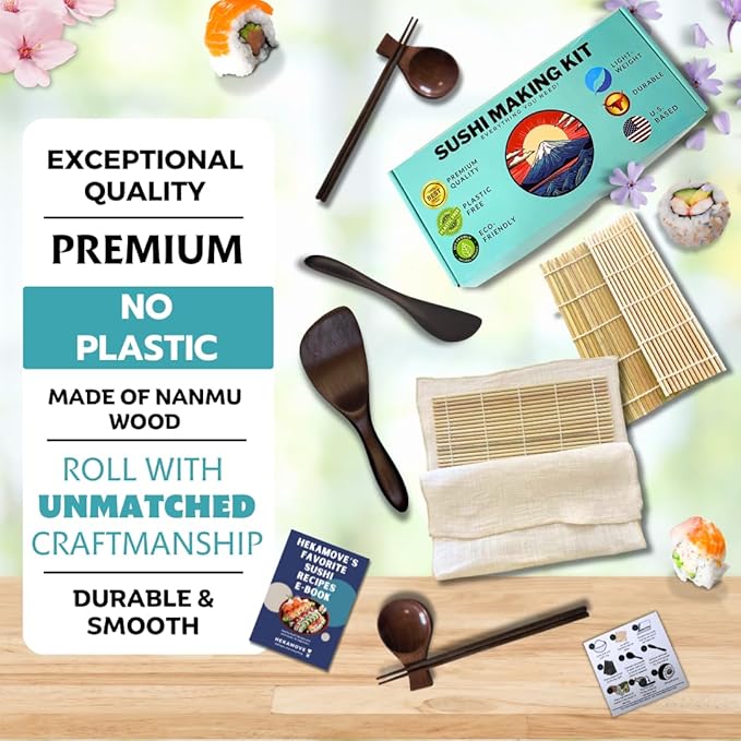 No Plastic Premium Sushi Making Kit for Home, for Beginners or Pro Sushi makers. Made of Premium Wood, includes Tea Cloth, Planet-Friendly, Gift and DIY Home Sushi Kit Experience, Circle Fuji box