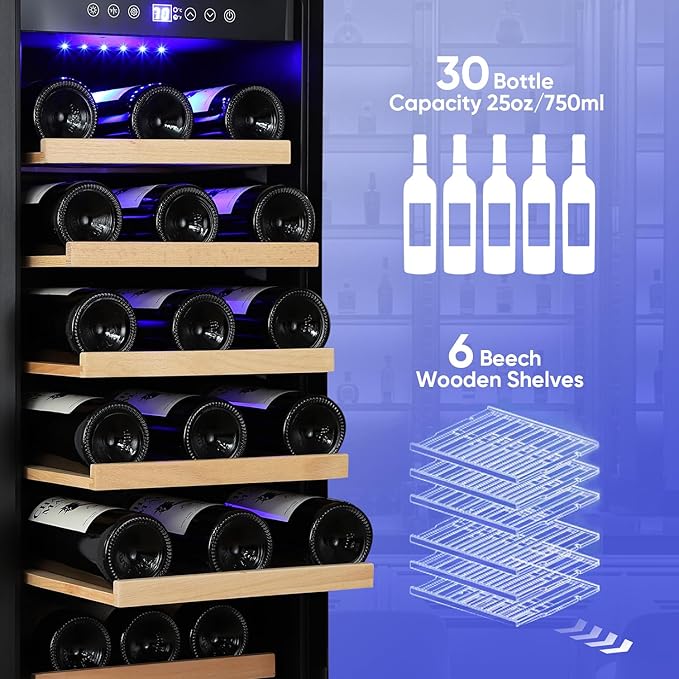 15 Inch Wine Cooler Under Counter, 30 Bottle Wine Fridge with Stainless Steel Glass Door, Built-In or Freestanding Wine Cellar with Removable Shelves and Digital Temperature Control