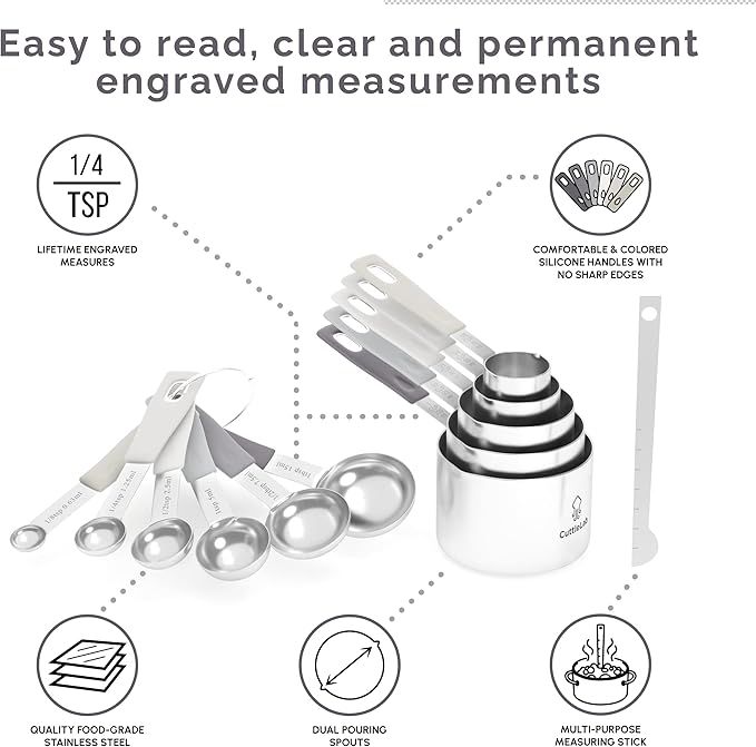 Measuring Cups and Measuring Spoons Set of 14 - Stainless Steel Measuring Cups and Spoons Set, Includes 1/8 Teaspoon Measuring Spoon, 1/8 Cup Measuring Cup, Leveler Dry (14, Charcoal)