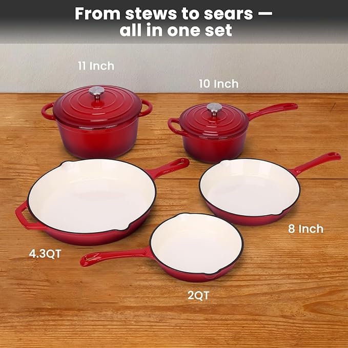 QuliMetal Nonstick Enameled Cast Iron Cookware Set, 5 Pcs Pots and Pans with Lid, Skillet, Frying Pan, Saucepan & Dutch Oven for All Stovetops, PFA Free - Ideal for Sourdough Bread Baking