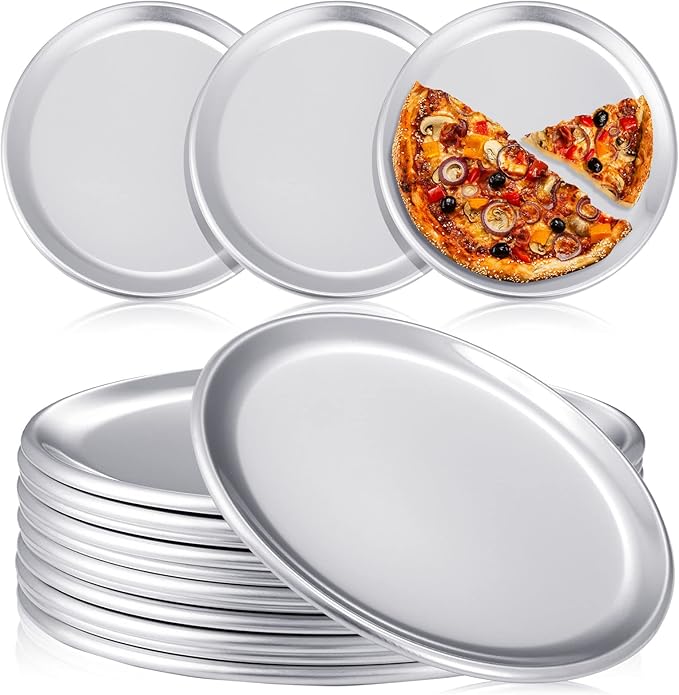 12 Pieces Pizza Pan Bulk Restaurant Aluminum Pizza Pan Set Round Pie Cake Plate Rust Free Cake Tray for Oven Baking Home Kitchen Restaurant Easy Clean(8 Inch)