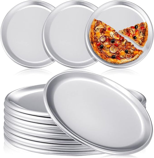 12 Pieces Pizza Pan Bulk Restaurant Aluminum Pizza Pan Set Round Pie Cake Plate Rust Free Cake Tray for Oven Baking Home Kitchen Restaurant Easy Clean(8 Inch)