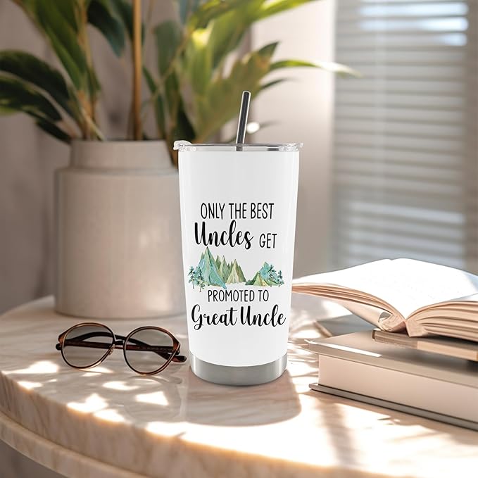 QASHWEY Great Uncle Gifts Coffee Tumbler 20 oz, BestUncle Travel Tumbler Coffee Mug Gifts for Uncles, UncleGifts from Niece Nephew, Promoted to Great Uncle Stainless Steel Tumblers with Straw and Lid
