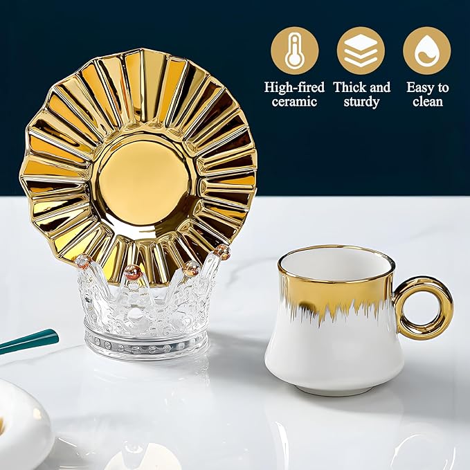 Turkish Coffee Cup - Tea Cups and Saucers Set of 6 with Gold Trim and Gift Box, 3.5oz Ceramic Cups for Turkish&Arabic Coffee, Cappuccino, Latte, Mocha, Au Lait, Double Espresso, Dishwasher Safe