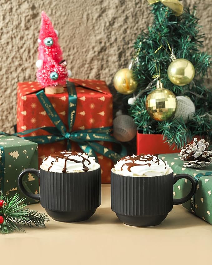 Hasense 15OZ Ceramic Stackable Coffee Mugs Set of 2, Large Porcelain Coffee Cups Set with Ribbed Design and Handle for Cappuccino, Latte, Cereal, Americano, Tea Bag and Beverage, Matte Black