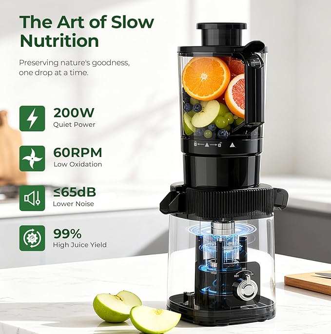 Cold Press Juicer Machine, 4.4" Wide Feed Chute, Slow Masticating Juicer for Whole Vegetables & Fruits, High Juice Yield, Easy to Clean & Assemble, One-Touch Knob Control