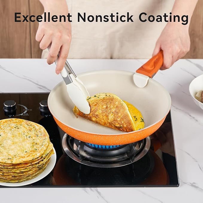 Ceramic Cookware Sets, Pots and Pans Set Nonstick, 22Pcs Induction Cookware, Non-toxic Healthy Non Stick Kitchen Cooking Set with Detachable Handles, PFAS PTFE PFOA PFOS Free (Orange)