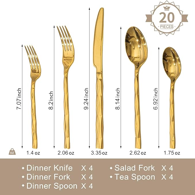 KINGSTONE Gold Silverware Set, Luxury 20 Piece Flatware Set for 4, 18/10 Stainless Steel Cutlery Set with Diamond Cut Pattern for Kitchen, Home, Wedding, Party, Mirror Polished and Dishwasher Safe