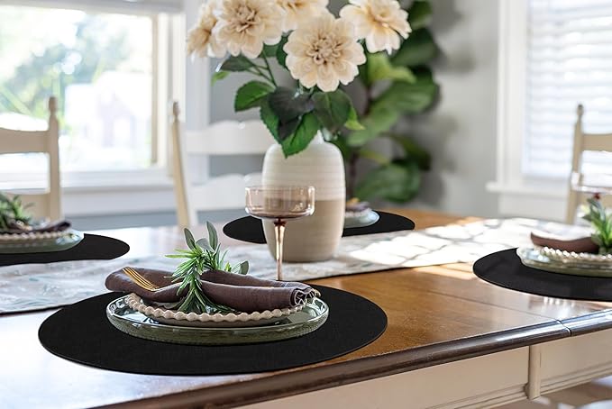 homing Round Faux Leather Placemat and Coaster 6 Packs, Washable Heat Resistant Dining Place Mats, Wipeable Double-Sided Table Mats for Indoor and Outdoor, Diameter 13 and 3.93 inch, Black