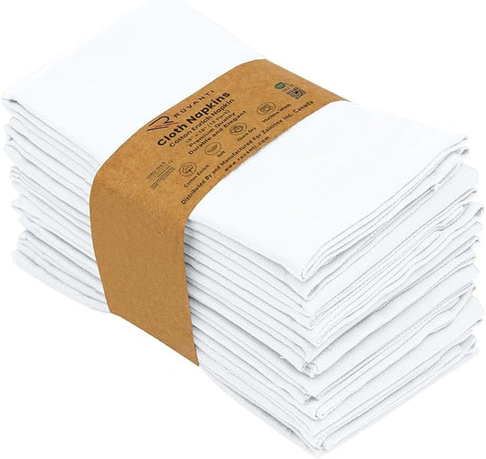 Ruvanti Cloth Napkins set of 12, 18x18 Inches Napkins Cloth Washable, Soft, Durable, Absorbent, Cotton Blend. Table Dinner Napkins Cloth for Hotel, Lunch, Restaurant, Weddings, Events, Parties - White