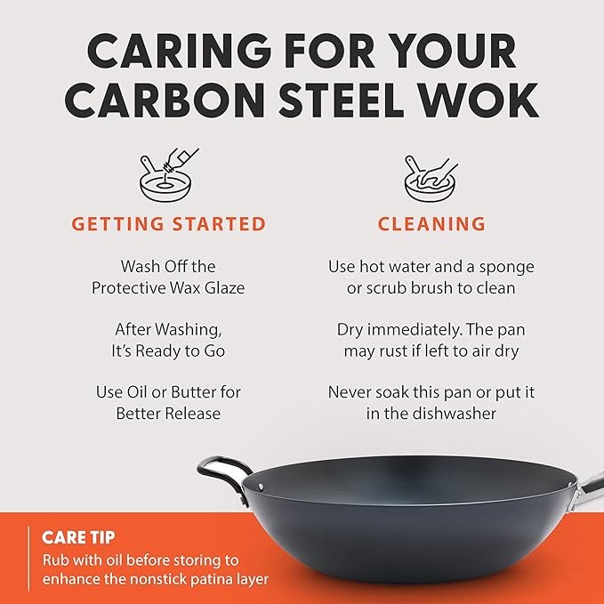 GreenPan Carbon Steel Wok 14”, Flat Bottom, Durable Stir-Fry Pan, Pre-Seasoned Ready to Use, High Heat Retention, Induction, Ash Wood Handle, Kyoto, Black