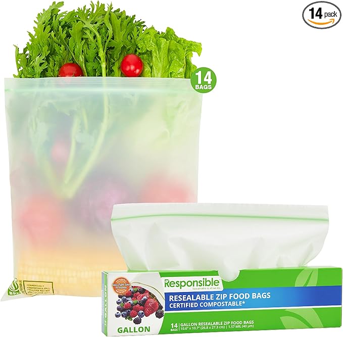 Certified Compostable Large GALLON Resealable Zip Bag, Extra Strength Food Bags, Made from Plant Materials (14 Pack)