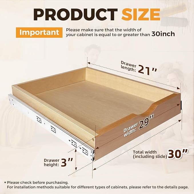 Pull Out Drawers for Cabinet Wood Slide Out Cabinet Organizer and Storage Cabinet Kitchen Drawers Slide Out Shelves Pull Out Shelves in Kitchen Pantry Bathroom with Soft Close 30"W x 22"D x 3"H