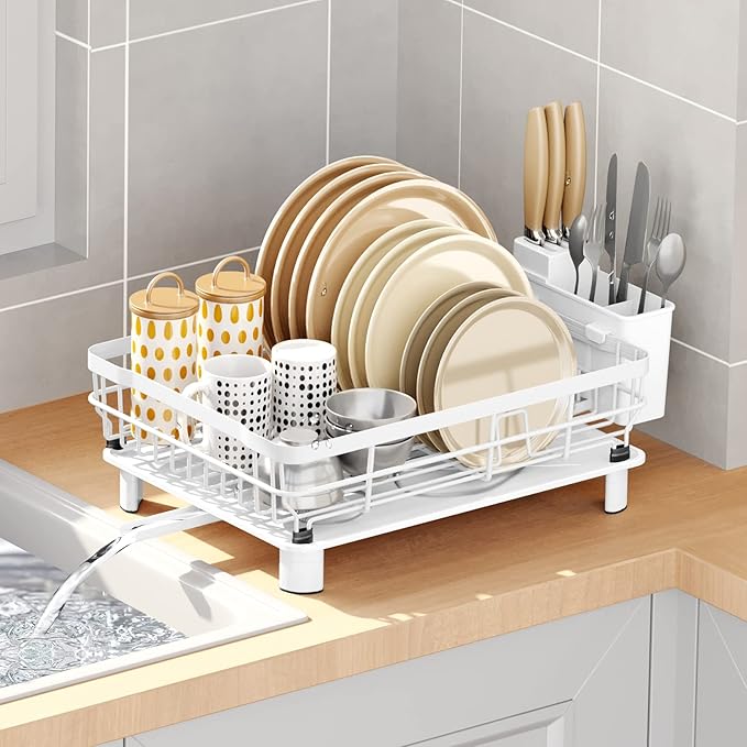 Iron Dish Drying Rack with Drainboard Dish Drainers for Kitchen Counter Extendable Spout Strainers with Utensil Holder and Knife Slots, White