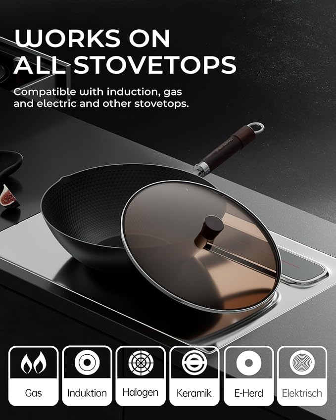 Carbon Steel Wok Pan, Tripole Nitrided Pre-Seasoned Flat Bottom Woks & Stir-Fry Pans Nonstick, Chinese Wok with Glass Lid for All Stovetops, Gift for Chef - 11.8 Inch