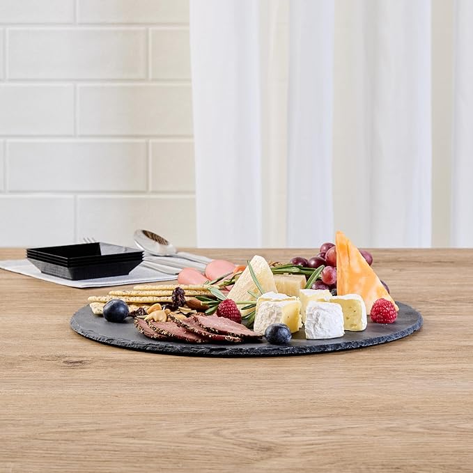 Restaurantware Slate Serving Trays 4 Pack of 11.81" Foam Feet Charcuterie Stone Plates Rustic Edges Freezable Black Square Serving Display Cheese Boards for Kitchen, Gourmet, Dining, Parties