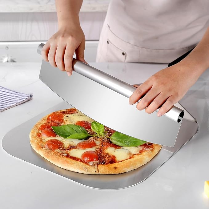 MANJIA Pizza Peel 13 inch, Pizza Paddle with Cutter Rocker Set (12.6"x 16.5") Metal Pizza Peel with Foldable Handle, Pizza Spatula Paddle for Indoor & Outdoor Ovens Homemade Pizza Making Kit