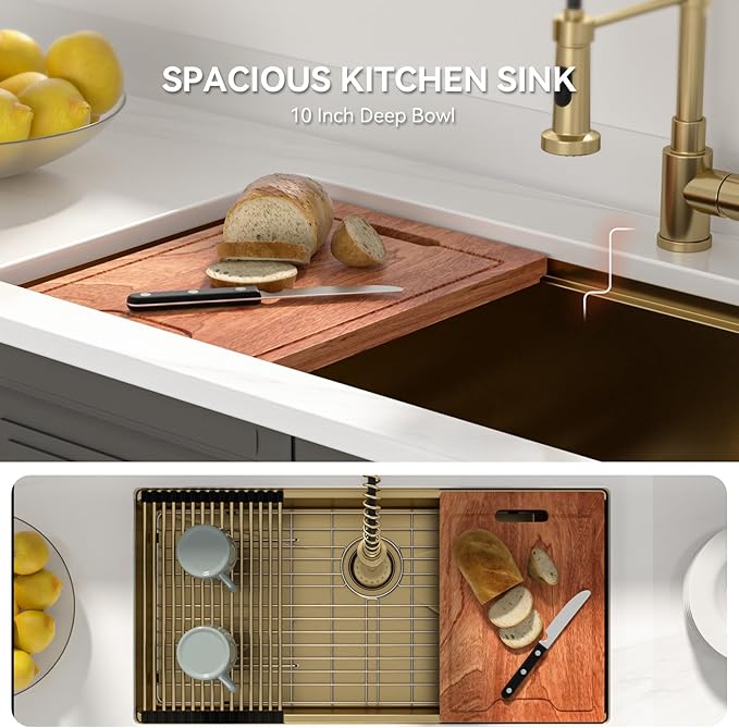 Lordear Gold Undermount Kitchen Sink 36" x 19" Stainless Steel Sinks 16 Gauge Single Bowl Ledge Workstation Handmade Under Counter Kitchen Sink Basin with Built-In Accessories