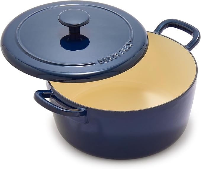 GreenPan x Bobby Flay 5.5QT Enameled Cast Iron Round Dutch Oven with Lid, Dual Handles, Oven Safe to 500F & Induction Suitable, Self Basting Lid, Ultra-Durable, Sear, Braising, Bread, Stews, Cobalt