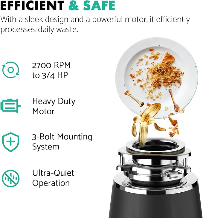 Lefton Garbage Disposal with Power Cord, 3/4 HP Continuous Feed Food Waste Disposer, LGD-714