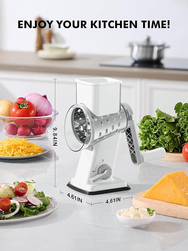 GDL Rotary Cheese Grater Hand Crank - Upgraded Cheese Shredder with 4 Interchangeable Blades, Rotary Grater with Non-slip Suction Base, Easy to Clean Kitchen Grater Slicer Grinder for Vegetable Nuts