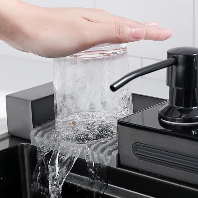 Lefton 29.5"x 18.25" 304 Stainless Steel Kitchen Workstation Sink with Pull-down Faucet, Waterfall & Rainfall Outlet, Temperature Display in Tempered Glass, Grey, KS2206