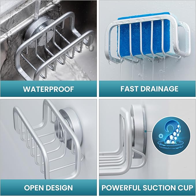 TAILI Sponge Holder for Kitchen Sink with Strong Suction Cup, Removable Sponge Holder, Rustproof Aluminum Sink Caddy for Sponges, Dish Brush - Silver