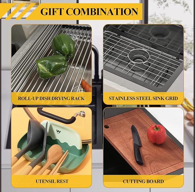 30x19 In Black Kitchen Sink Workstation - Undermount Stainless Steel Single Bowl Drop In Modern Workstation Sink Come With SS Grid,Drying Rack,Cutting Board,Utensil Rest And Drain Assembly