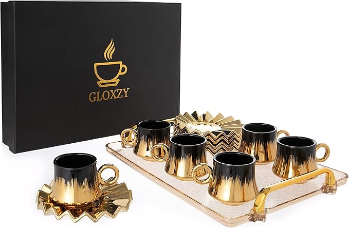 Turkish Coffee Cup Set of 6 with Saucers & Tray - Luxury Arabic Greek Japanese Marble Ceramic Tea Cups for Espresso Cappuccino Latte Mocha, Ideal Gift - 6.7oz, Black Gold