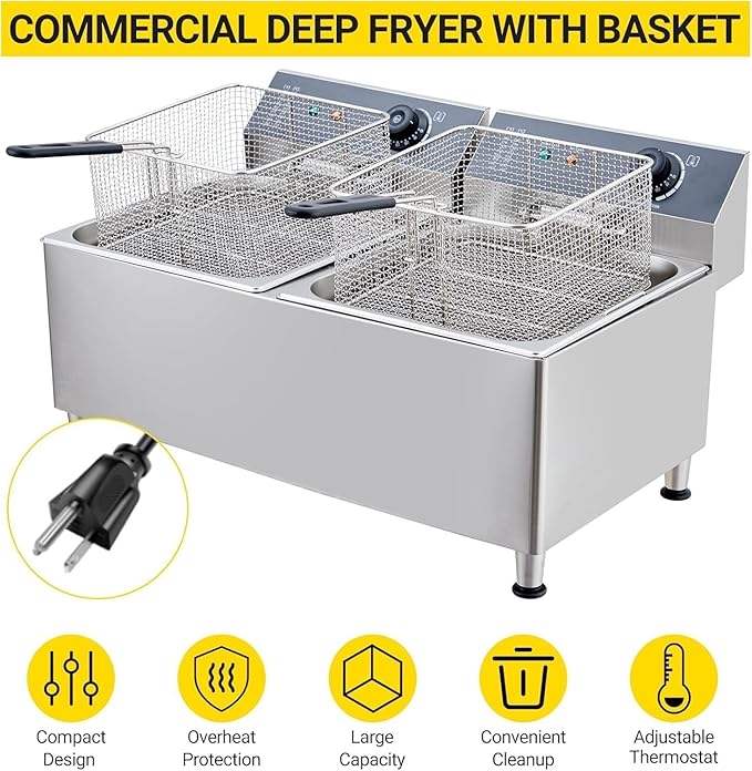 Dual 11L/3.3Gal Commercial Deep Fryer 3400W,120V |Twin Adjustable 6L Baskets with 201 Stainless Steel, Oil Filtration & Splash Guard for High-Volume Restaurant, Food Truck, Catering Service