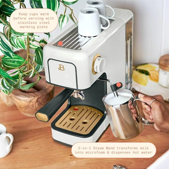 Beautiful Slim Espresso Maker by Drew Barrymore – 20‑Bar Pressure, Dual‑Spout 52 mm Portafilter, 50 oz Removable Tank, 2‑in‑1 Steam Wand & Touch Controls (White Icing)