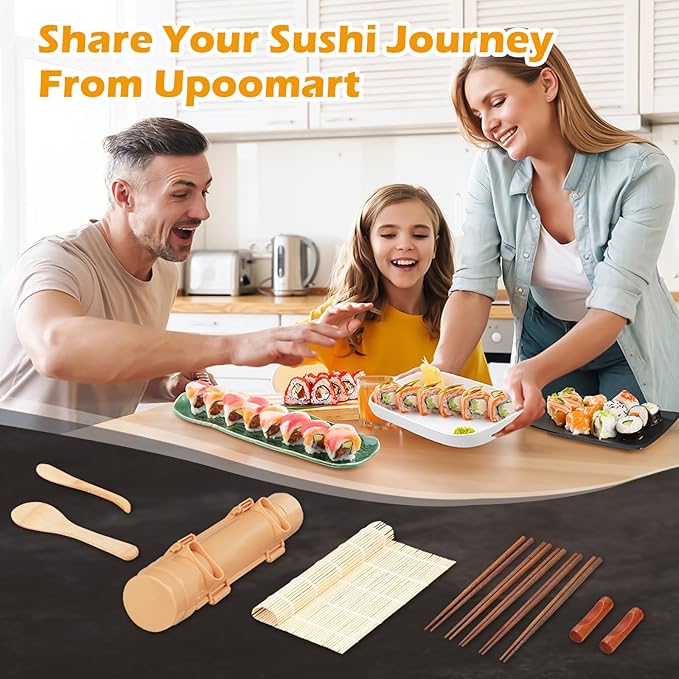 Sushi Making Kit,1 Bamboo Sushi Mat,1 Rice Bazooka, 5 Pairs of Chopsticks, 2 chopsticks holder,1 Paddle, 1 Spreader, ideal gift for Sushi making Beginner