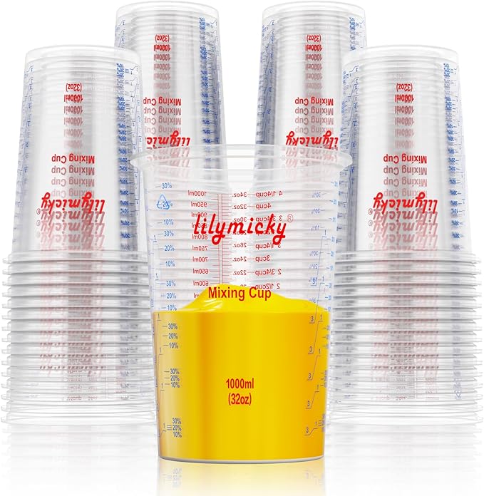 50 PACK Plastic Measuring Cups, 32 oz (1000ml) Disposable Mixing Cups, Measurement ratios: 2:1, 3:1, 4:1, Perfect for Epoxy Resin, Paint Mixing, Art DIY