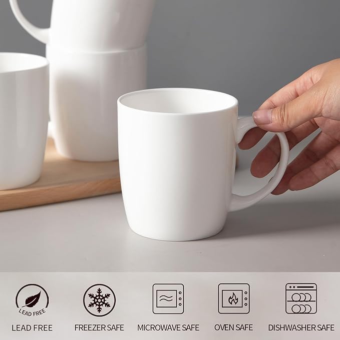 Luxury Bone China Mug Set (12 oz, Set of 4) – White Fine Porcelain Mugs for Tea, Coffee, Latte Art, Barista Use, Elegant Gifting