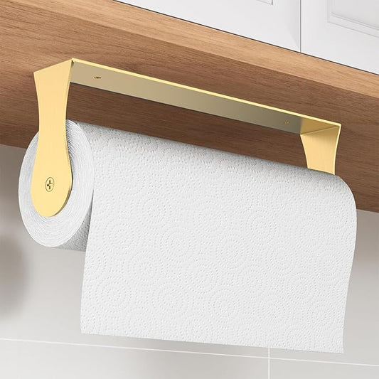 Gold Paper Towel Holder Under Cabinet, Gold Kitchen Accessories Decor, Stainless Steel, Wall Mount Paper Towel Holder for Bathroom, Adhesive or Screws