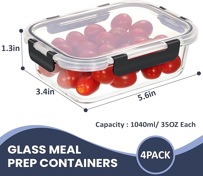 HOTEC 35OZ Glass Food Storage Container, Airtight Glass Lunch Fruit Containers with Lids - Microwave, Oven, Freezer and Dishwasher Safe, 4-PACK