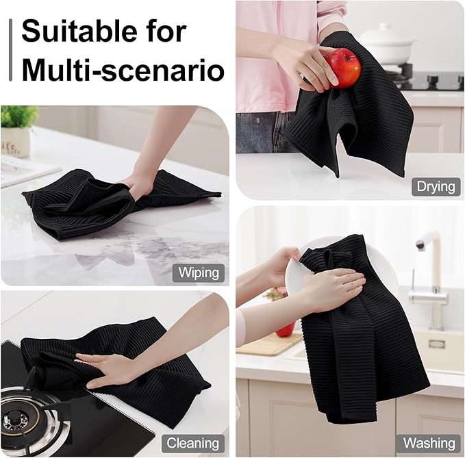 Homaxy Premium Kitchen Towels (18"x 28", 6 Pack), Large 100% Cotton Kitchen Hand Towels, Ultra Absorbent Ribbed Terry Tea Towels Set with Hanging Loop, Black