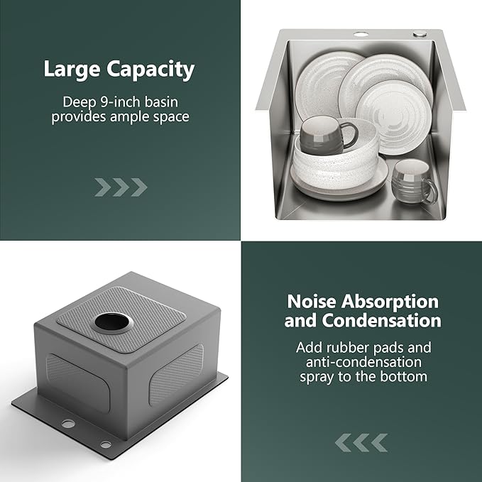 TORVA 15" Topmount Stainless Steel Kitchen Sink, 16 Gauge Single Basin Bar/Prep Sink, 9" Deep Brushed Finish