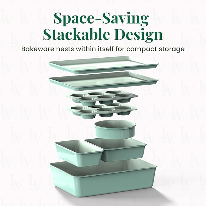 Larder & Vine 8-Piece Bakeware Set | Non-Stick Baking Set with Ceramic Finish | PFAS, PFOA, PTFE, and BPA Free Baking Essentials | Baking Sheets, Muffin Tins and Assorted Baking Pans | Sage