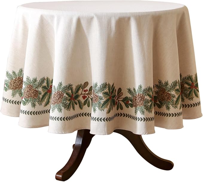 Christmas Tablecloth for Round Tables,Linen Table Cloth with Leaves and Pinecones Pattern,Heavy Durable Table Cover for Dining Thanksgiving Kitchen Decor Party Christmas,Diameter 67"