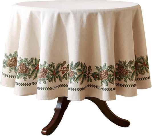 Christmas Tablecloth for Round Tables,Linen Table Cloth with Leaves and Pinecones Pattern,Heavy Durable Table Cover for Dining Thanksgiving Kitchen Decor Party Christmas,Diameter 67"