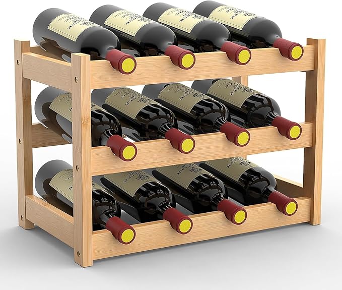 3 Tier Bamboo Wine Rack for Countertop, 12 Bottles Wine Storage Shelf for Kitchen Pantry Cabinet