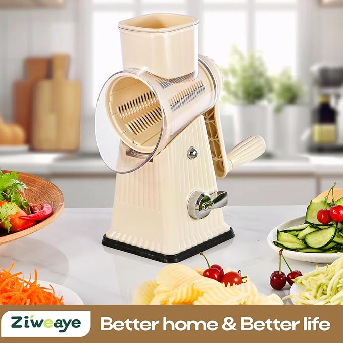 Xilrvna RotaryCheese Grater,VegetableShredder 5 in 1 Cheese Grater with HandleedderReinforcedSuction,EasytoClean,KitchenChopperforCrushedIce,Fruits and Nuts with Blade Storage Case（White