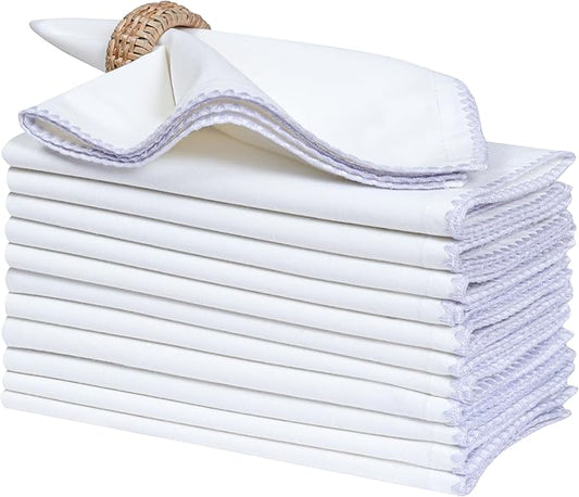 Bedding Craft Cotton Cloth Dinner Napkins Set of 12 – 18x18 Lavender Blue Napkins with Colored Edge Embroidery – Washable Fabric Napkins for Wedding Table Décor, Restaurants, Events & Everyday Dining