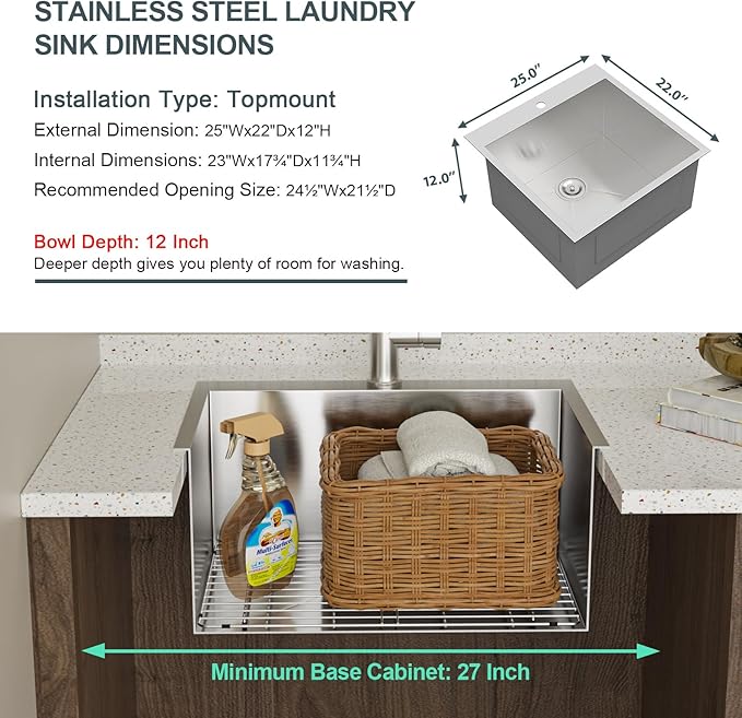 Lordear 12 Inch Deep Laundry Sink Drop In 25"x22"x12" Deep In Laundry Utility Sink Drop-in Topmount Single Bowl Sink 16 Gauge Stainless Steel Kitchen Laundry Room Sinks