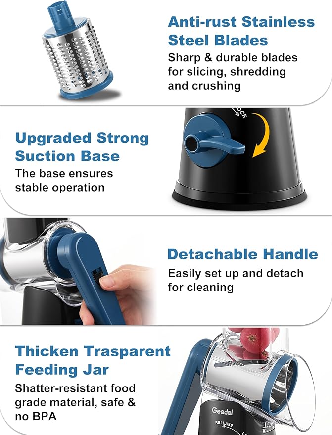 Geedel Rotary Cheese Grater Cheese Shredder - Upgraded 5-in-1 Cheese Grater with Handle and Strong Suction Base, Multi-purpose Vegetable Slicer Ice Shaver Nuts Grinder for Ice, Vegetables, Fruit, Nuts